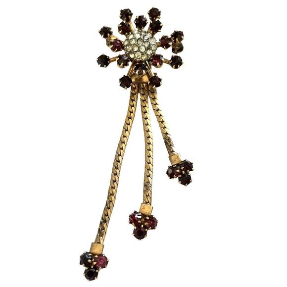 Charles Reis Co. 12kt GF Starburst Red Rhinestone Cascade Brooch Pin MCM Vtg - Picture 1 of 8